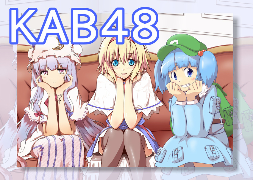 akb48 alice_margatroid backpack bag black_legwear blonde_hair blue_eyes blue_hair blush bow capelet chin_rest cover crescent dress hair_bobbles hair_bow hair_ornament hairband hands_on_own_face hat jewelry kawashiro_nitori long_hair looking_at_viewer multiple_girls necklace nirap open_mouth parody patchouli_knowledge purple_eyes purple_hair short_hair sitting smile thighhighs touhou upskirt