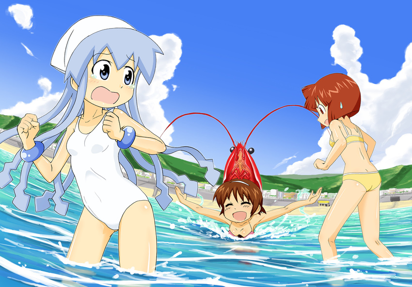 3girls aizawa_eiko bikini blue_eyes blue_hair brown_hair costume highres ikamusume multiple_girls nagatsuki_sanae one-piece_swimsuit red_hair sat-c shinryaku!_ikamusume shrimp ssy swimming swimsuit water