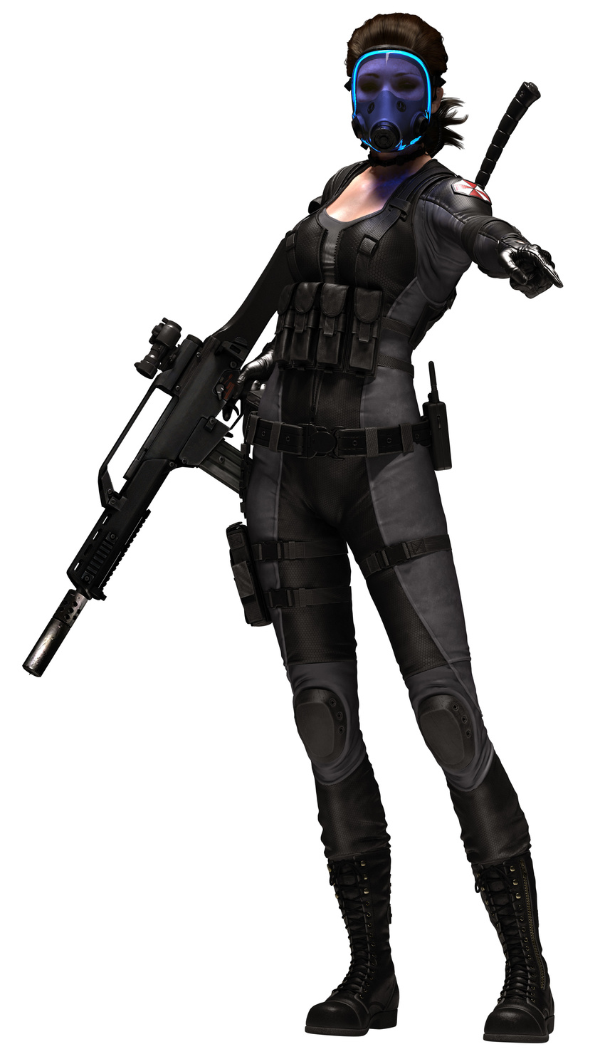 1girl absurdres belt breasts brown_eyes brown_hair capcom gas_mask gloves gun highres karena_lesproux large_breasts lupo resident_evil resident_evil_operation_raccoon_city short_hair solo sweater uniform weapon