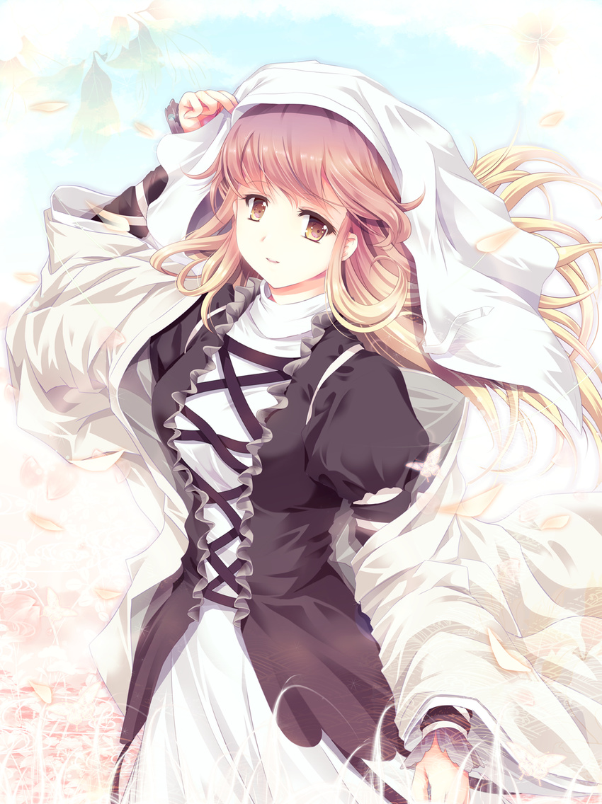 arm_ribbon arm_up black_dress blonde_hair blue_sky brown_eyes brown_hair cetera dress gradient_hair hand_on_headwear highres hijiri_byakuren hood layered_dress light_smile long_hair multicolored_hair purple_hair ribbon shawl sky solo touhou veil