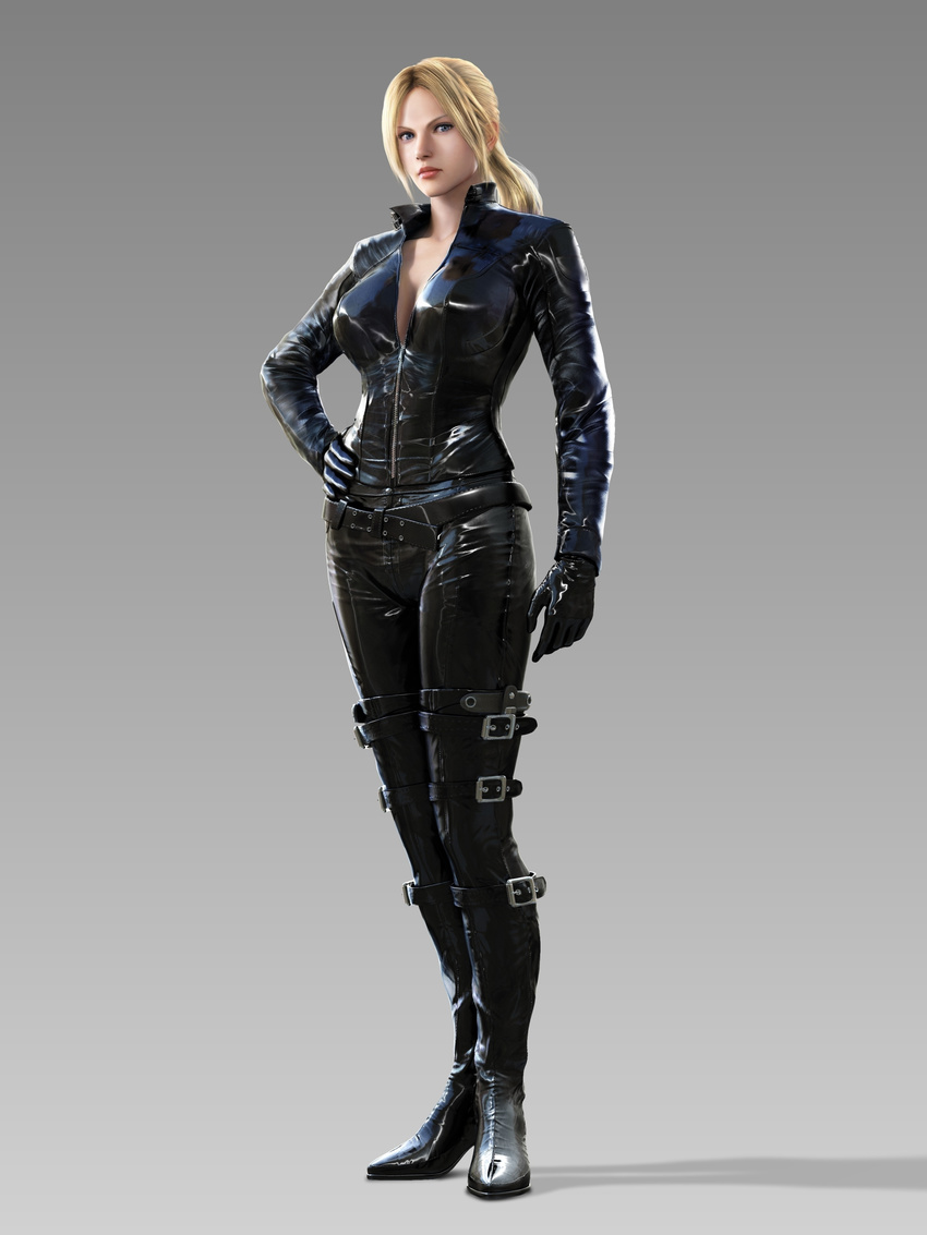 3d absurdres blonde_hair bodysuit boots breasts female full_body gloves gradient gradient_background hand_on_hip hand_on_hips highres jacket lips long_hair namco nina_williams official_art ponytail solo tekken tekken_blood_vengeance thigh thighhighs thighs unzipped