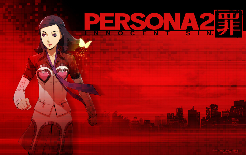 amano_maya bug butterfly cityscape highres insect official_art persona persona_2 red soejima_shigenori solo wallpaper