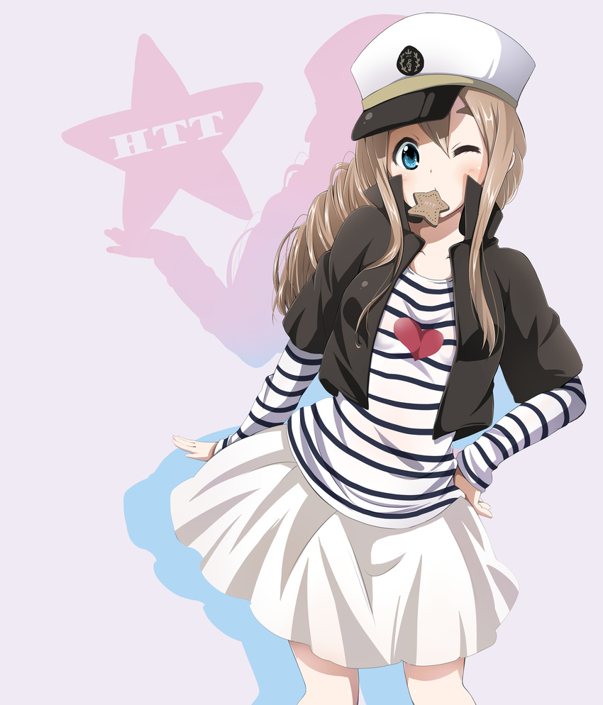 absurdres bad_id bad_pixiv_id blonde_hair blue_eyes cookie food hat highres k-on! kotobuki_tsumugi listen!! long_hair mouth_hold official_style one_eye_closed ragho_no_erika skirt solo star