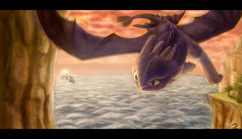 cliff cloud clouds dragon feral flying horn how_to_train_your_dragon male night_fury purple_body purple_scales scalie scenery ship solo spread_wings sun sunset toothless tree tsitra360 water wave waves wings wood