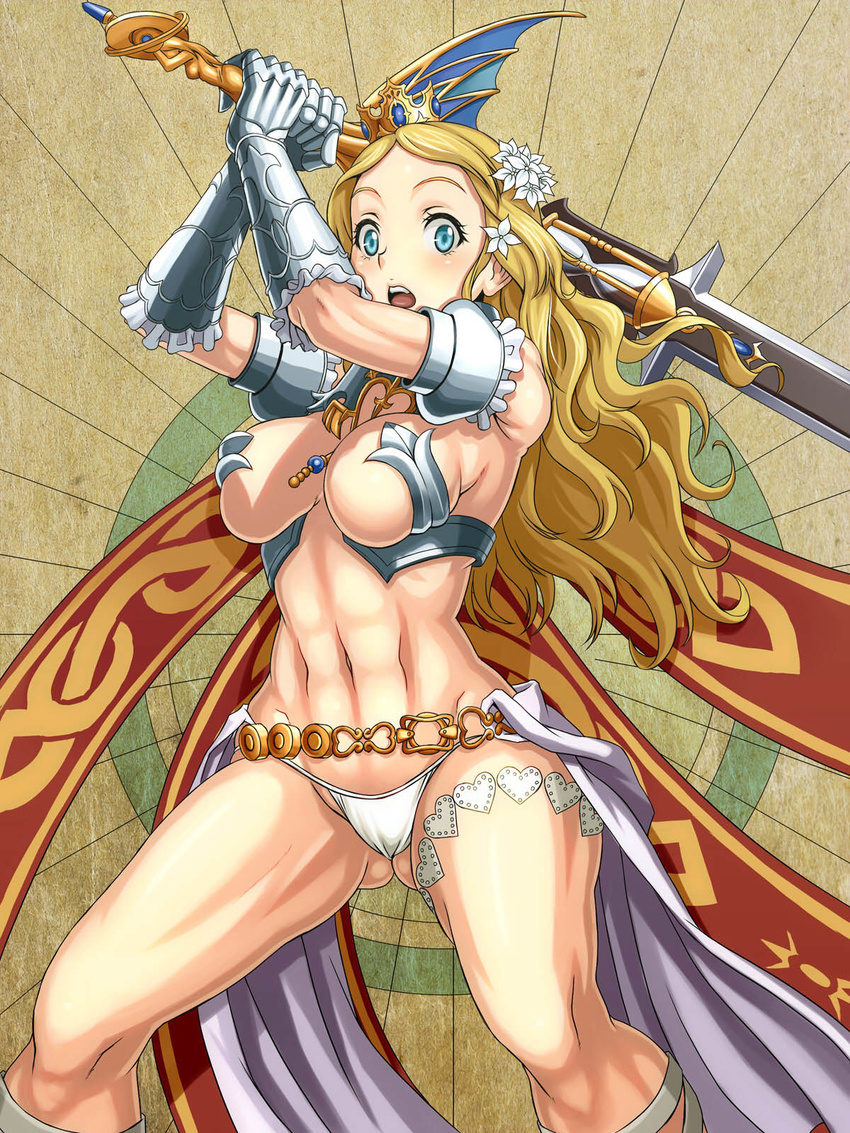 abs armor blonde_hair blue_eyes breasts code_of_princess crown flower gauntlets hair_flower hair_ornament highres medium_breasts muscle navel panties shunzou solange_blanchefleur_de_luxe solo underwear