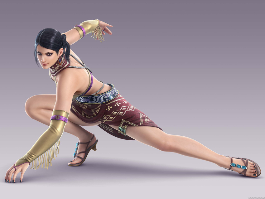 1girl 3d absurdres black_hair bridal_gauntlets eyeshadow feet highres makeup mascara nail_polish namco official_art sandals tekken tekken_6 zafina