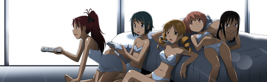 absurdres akemi_homura bare_shoulders bed black_hair blue_eyes blue_hair blurry bokeh book bra breasts chemise cleavage controller depth_of_field dress drill_hair everyone highres hug kakkii kaname_madoka lens_flare lingerie long_hair lying mahou_shoujo_madoka_magica medium_breasts midriff miki_sayaka multiple_girls navel off_shoulder on_back on_stomach open_mouth panties pillow pink_eyes pink_hair ponytail red_eyes red_hair remote_control sakura_kyouko short_hair short_twintails sitting sleeveless sleeveless_dress small_breasts smile strap_slip tomoe_mami twin_drills twintails underwear underwear_only watching_television white_bra white_panties yellow_eyes