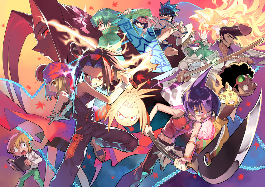 6+boys amidamaru asakura_hao asakura_you bandana bason black_hair blonde_hair blue_eyes blue_hair book brown_eyes brown_hair chocolove earrings eliza_(shaman_king) gloves green_eyes green_hair hairband hat headphones highres jewelry johann_faust_viii kororo kushabiria kyouyama_anna leaf long_hair lyserg_diethel mic_(shaman_king) morphine multiple_boys multiple_girls necklace oyamada_manta polearm red_eyes shaman_king short_hair snowboard sword tao_ren tokagerou usui_horokeu weapon yellow_eyes