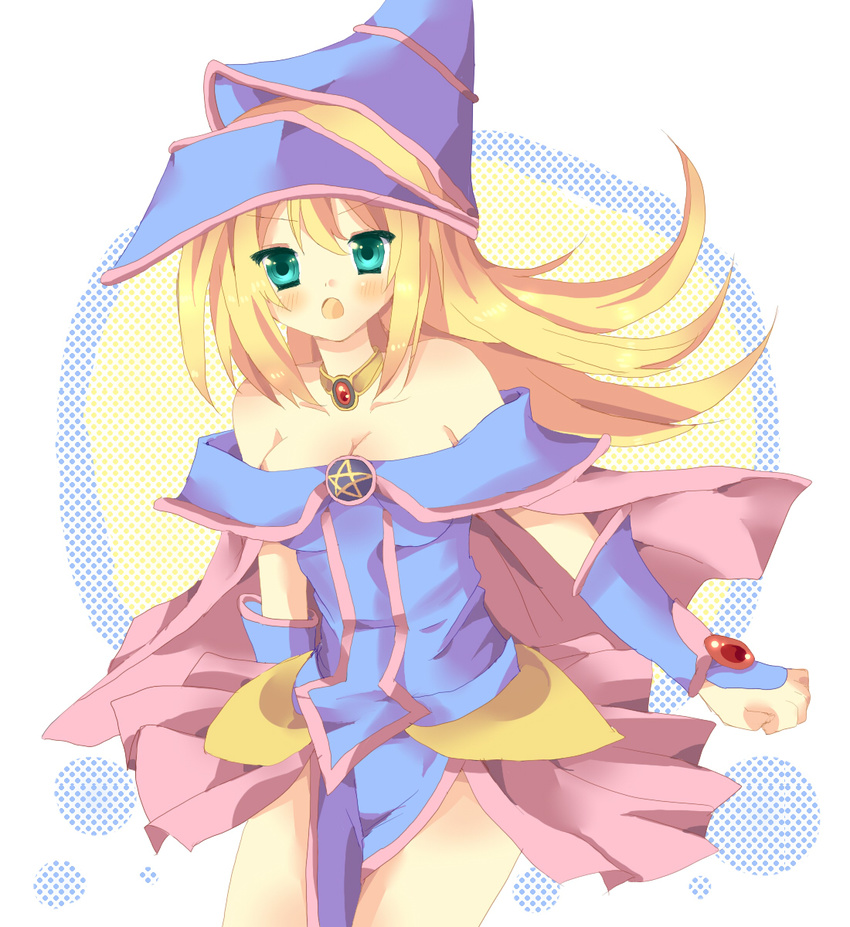 aqua_eyes bare_shoulders blonde_hair breasts dark_magician_girl duel_monster hat highres imo_mushi open_mouth pentacle small_breasts witch_hat yuu-gi-ou yuu-gi-ou_duel_monsters