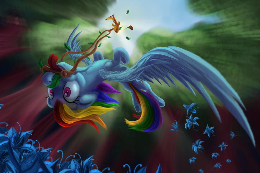 applejack_(mlp) appletini blonde_hair cowboy_hat cutie_mark equine falling female feral flower forest friendship_is_magic green_eyes hair halter harness hat horse leaves mammal multi-colored_hair my_little_pony pegasus pink_eyes poison_joke pony rainbow_dash_(mlp) rainbow_hair riding scenery simple_background tongue tongue_out tree tsitra360 upside_down wings wood