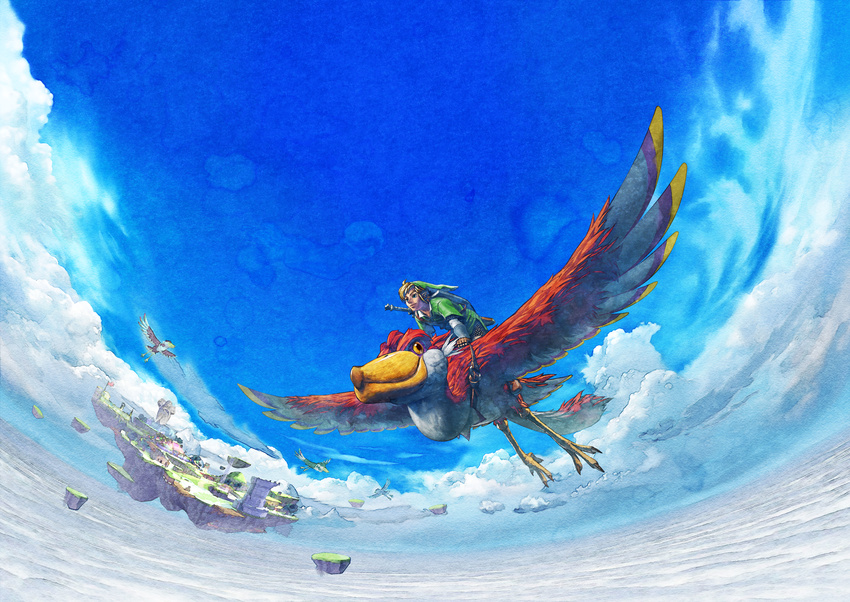 12000x8500 2011 absurdres bird cloud floating_island flying harness highres horizon incredibly_absurdres link male male_focus official_art shield sky skyward_sword sword the_legend_of_zelda the_legend_of_zelda:_skyward_sword wallpaper weapon