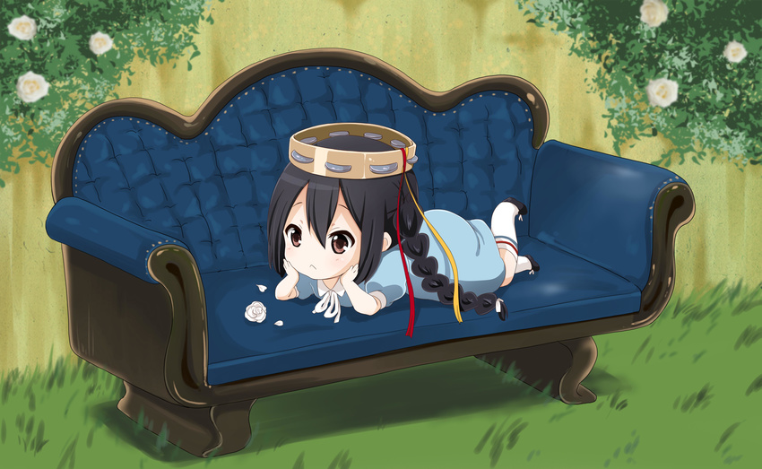 absurdres black_hair braid brown_eyes chibi couch head_rest highres instrument k-on! k-on!_movie long_hair lying nakano_azusa object_on_head on_stomach ragho_no_erika singing! solo tambourine twin_braids