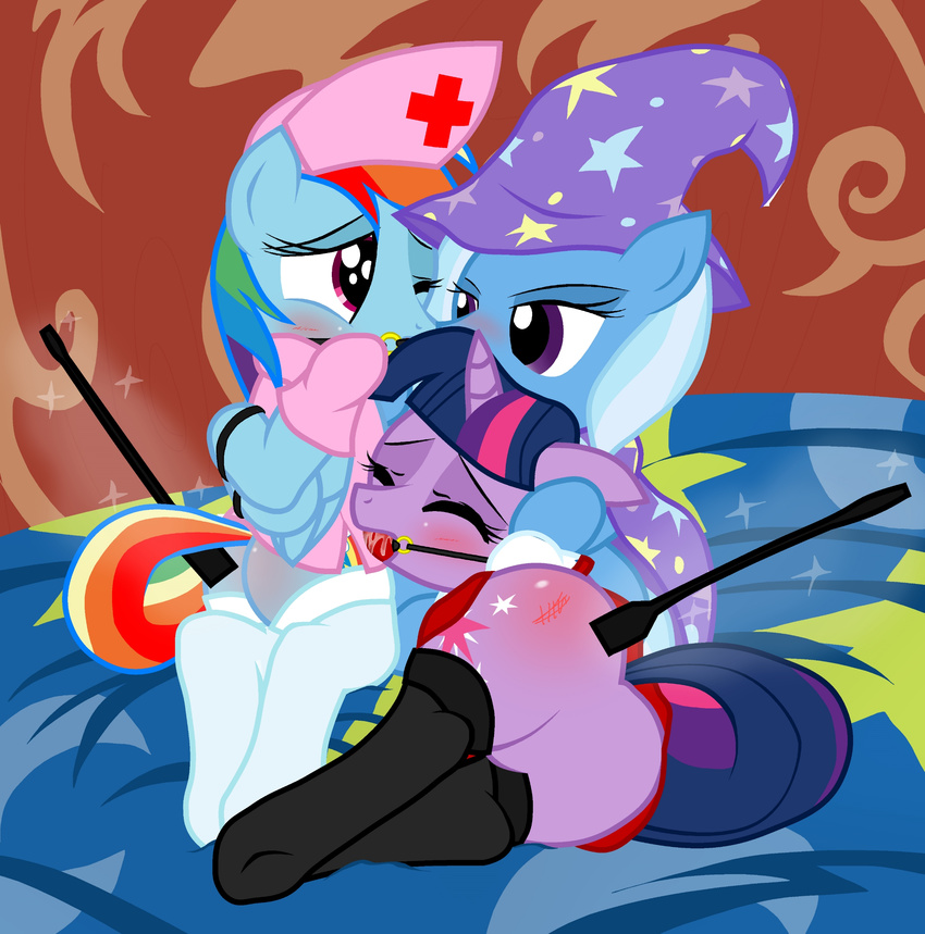 bdsm bondage bound equine female feral friendship_is_magic gag horn horse lesbian mammal my_little_pony pegasus pony pyruvate rainbow_dash_(mlp) reddened_butt spanking trixie_(mlp) twilight_sparkle_(mlp) unicorn welt wings