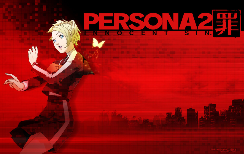 bug butterfly cityscape highres insect lisa_silverman official_art persona persona_2 red soejima_shigenori solo wallpaper