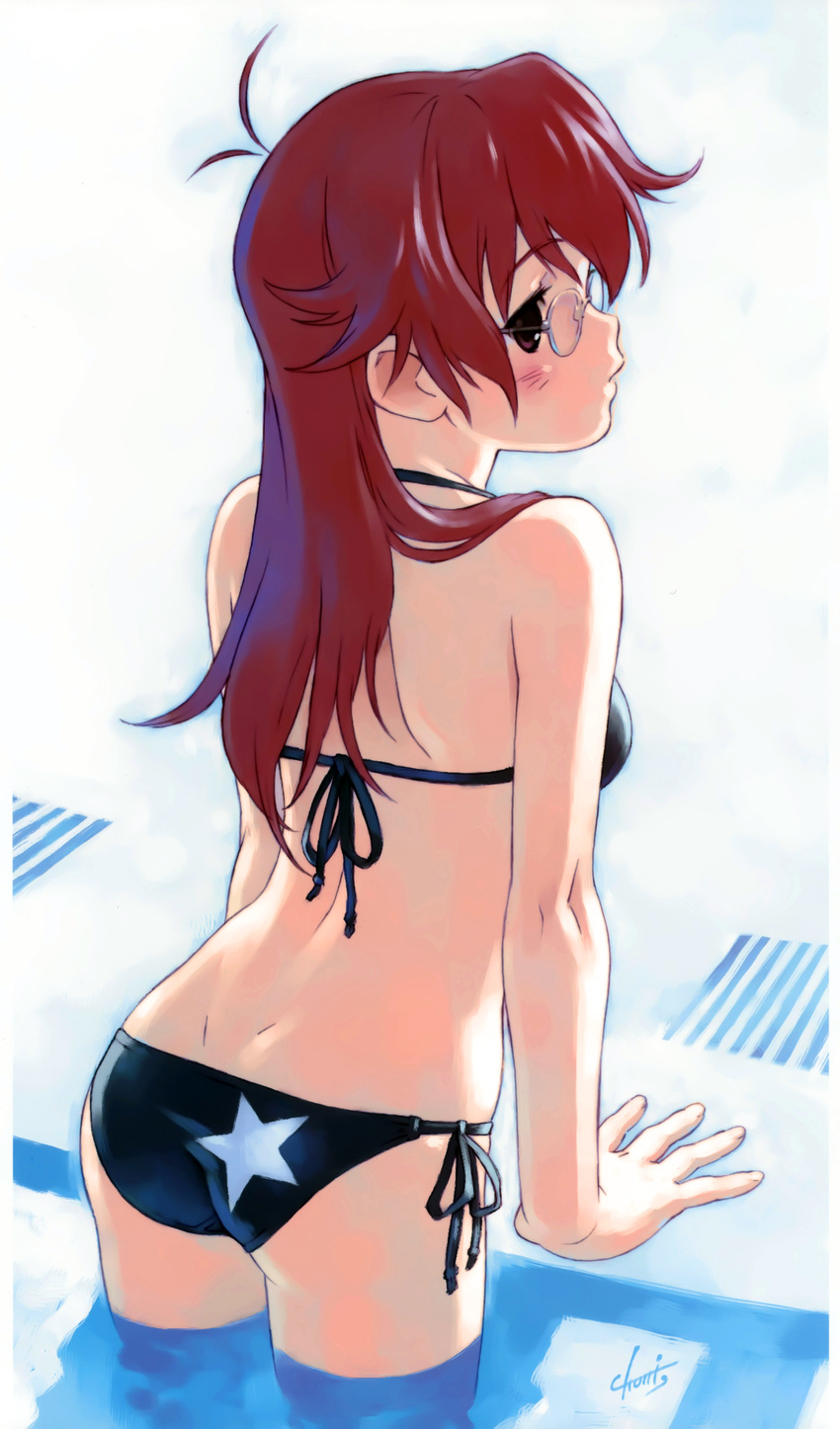 absurdres ano_natsu_de_matteru arm_support ass back bare_shoulders bikini black_bikini dimples_of_venus drain_(object) from_behind glasses highres long_hair looking_back pool poolside profile red_eyes red_hair side-tie_bikini solo standing star star_print swimsuit takatsuki_ichika tanaka_kunihiko wading water