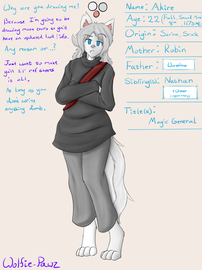 4_toes akire_fawe anthro barefoot biped canine clipped_ear clothed clothing crossed_arms dialogue digitigrade english_text female fully_clothed fur hair long_hair looking_at_viewer mammal model_sheet raised_eyebrow signature solo standing teeth text toes what_the_hart_wants white_fur wolf wolfie-pawz