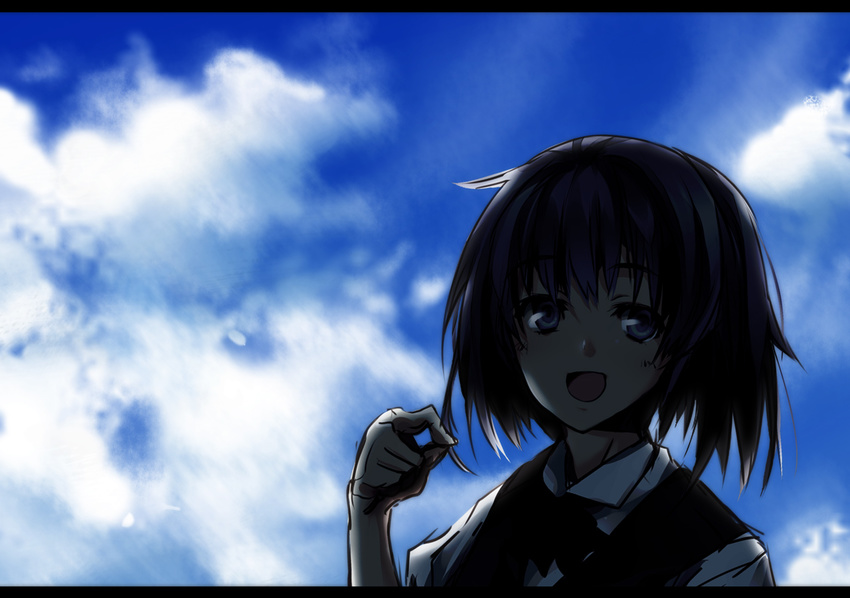 black_hair blue_eyes blue_sky cloud day letterboxed matsuno_canel open_mouth original sky smile solo