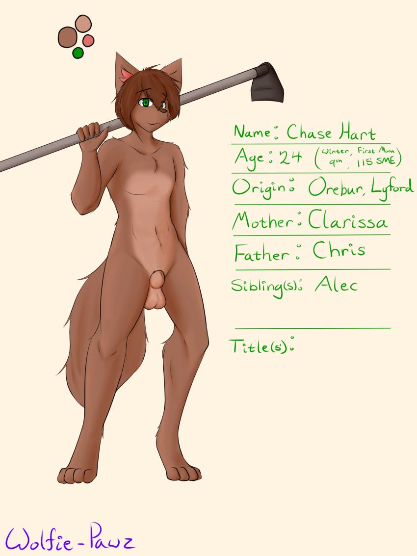 animal_genitalia anthro balls biped canine canine_genitalia chase_hart english_text eyebrows fur hair hoe holding_object looking_at_viewer male mammal model_sheet navel nude sheath signature simple_background smile solo standing text what_the_hart_wants wolf wolfie-pawz