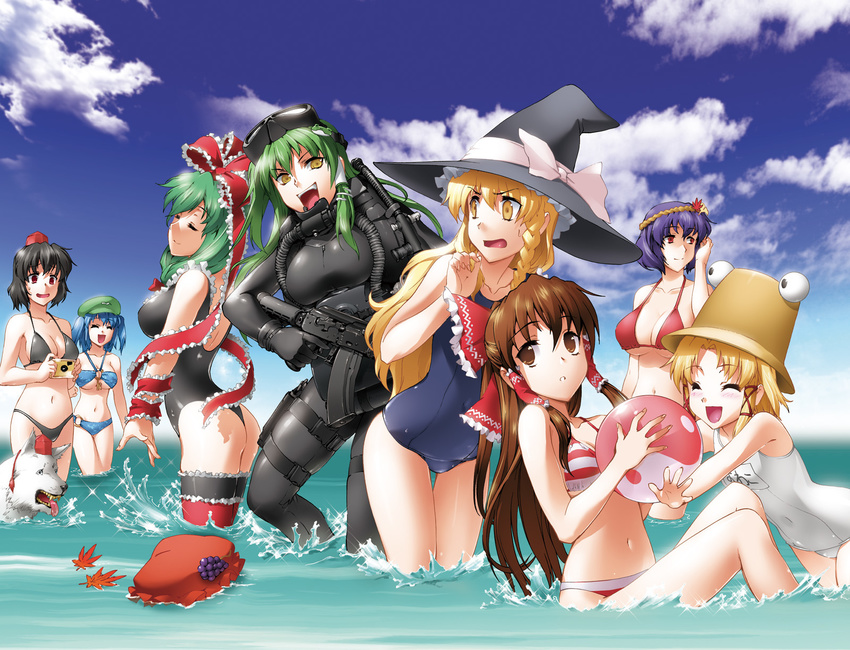 :d ^_^ ak-74 aki_minoriko aki_shizuha ass assault_rifle ball beachball bikini black_hair blonde_hair blush braid breasts byeontae_jagga camera cleavage closed_eyes cloud covered_navel day diving_mask diving_mask_on_head diving_suit green_hair gun hakurei_reimu hat highres inubashiri_momiji inubashiri_momiji_(wolf) kagiyama_hina kawashiro_nitori kirisame_marisa kochiya_sanae large_breasts long_hair moriya_suwako mountain_of_faith multiple_girls navel o-ring o-ring_bottom o-ring_top one-piece_swimsuit open_mouth purple_hair rebreather red_eyes rifle school_swimsuit shameimaru_aya shiny shiny_skin short_hair sitting sky smile strap_gap swimsuit thigh_gap thighhighs tokin_hat touhou trigger_discipline underboob weapon white_school_swimsuit white_swimsuit wolf yasaka_kanako yellow_eyes yin_yang