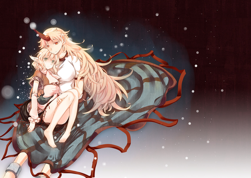 ankle_cuffs arm_warmers atoki bare_legs barefoot blonde_hair breasts carrying green_eyes horn hoshiguma_yuugi large_breasts light_particles long_hair mizuhashi_parsee multiple_girls pointy_ears princess_carry red_eyes sash scarf shirt short_hair skirt smile standing touhou