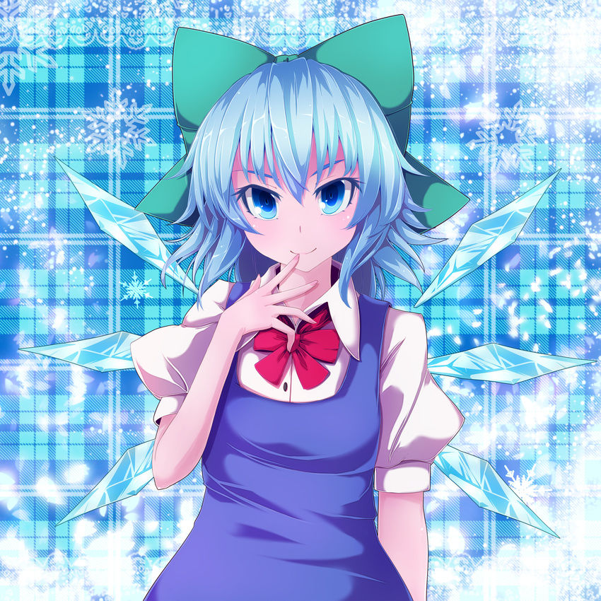 blue_eyes blue_hair blush bow cirno finger_to_mouth hair_bow highres looking_at_viewer nikka_(cryptomeria) ribbon short_hair smile snowflakes solo touhou wings