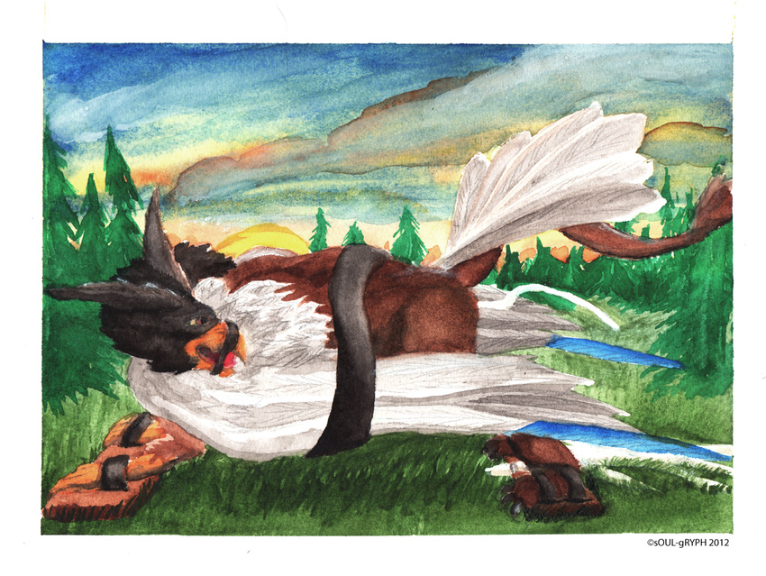 avian bdsm beak bondage bound cloud cum cum_pooling feathers feral forest grass gryphon painting scenery solo soulgryph traditional_media tree watercolor watercolour wood