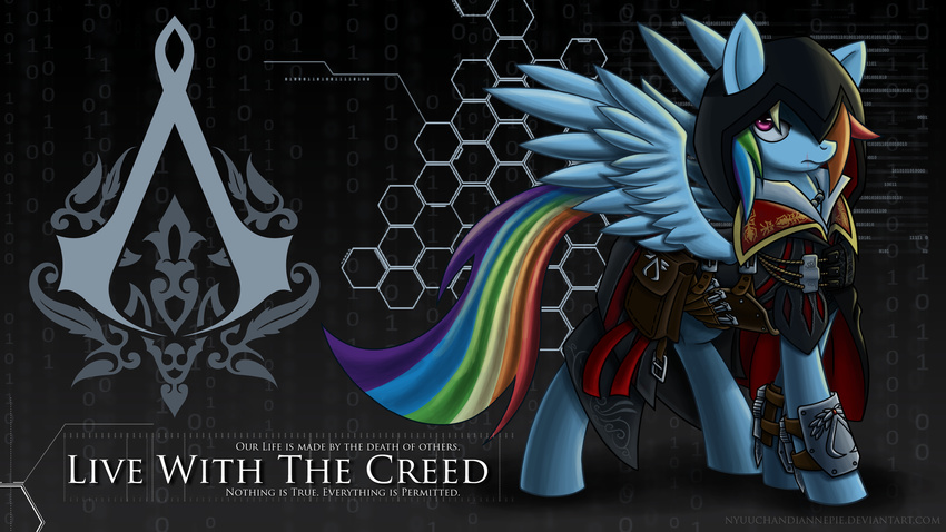 assassin assassin's_creed assassin's_creed cape clothing desktop english_text equine female feral friendship_is_magic hood horse mammal my_little_pony nyuuchandiannepie pegasus pony purple_eyes rainbow_dash_(mlp) solo text video_games wallpaper weapon wings