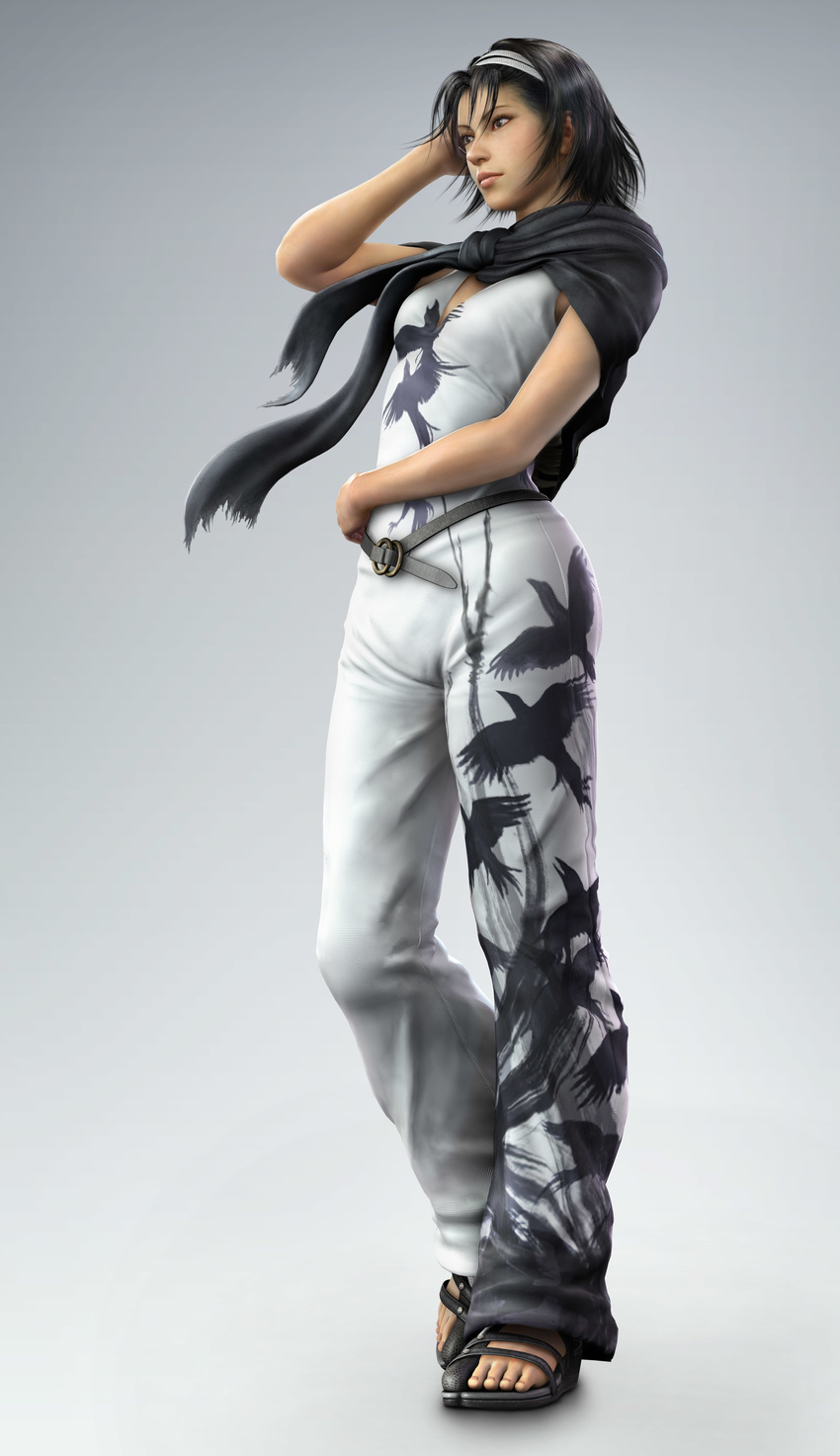 absurdres belt black_hair brown_eyes capelet feet hairband highres jun_kazama kazama_jun sandals solo tekken toes track_suit