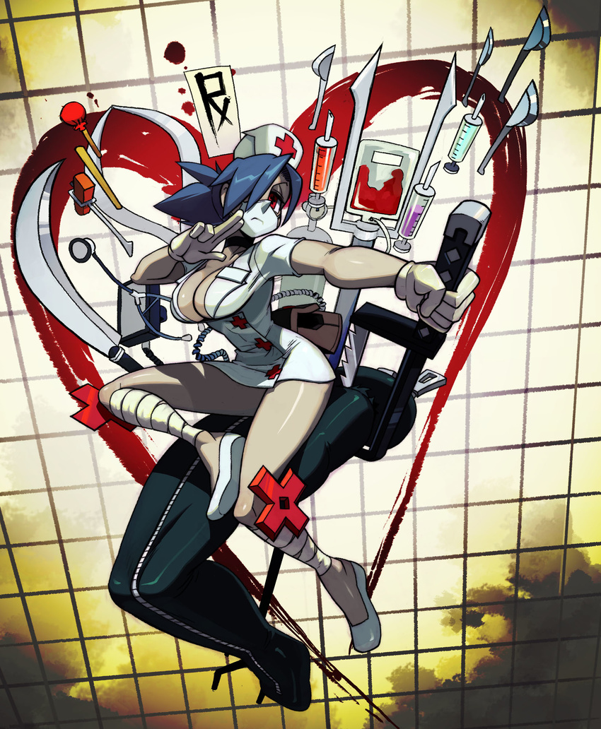 +_+ 1girl bandage blood blue_hair breasts cleavage fighting_stance gloves hat heart highres intravenous_drip mask minidress nurse nurse_cap official_art red_eyes saw scalpel short_dress skullgirls stethoscope sword syringe valentine_(skullgirls) weapon