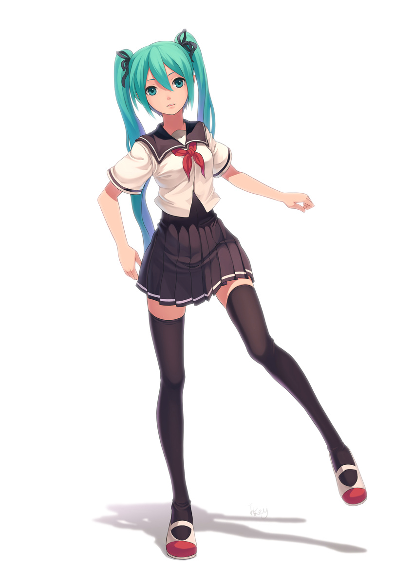 absurdres fkey full_body green_eyes green_hair hair_ribbon hatsune_miku highres long_hair pleated_skirt project_diva_(series) project_diva_2nd ribbon school_uniform serafuku shadow shoes signature simple_background skirt solo standing standing_on_one_leg thighhighs twintails uwabaki vocaloid white_background