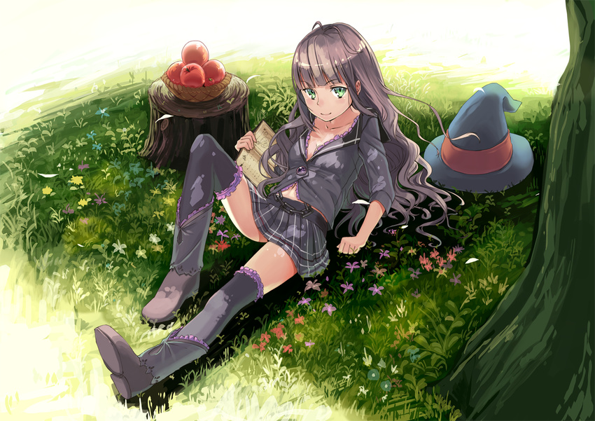 apple book food fruit grass green_eyes hat hat_removed headwear_removed kamome_yuu lying md5_mismatch navel on_ground original reclining skirt solo thighhighs tree tree_stump under_tree witch_hat