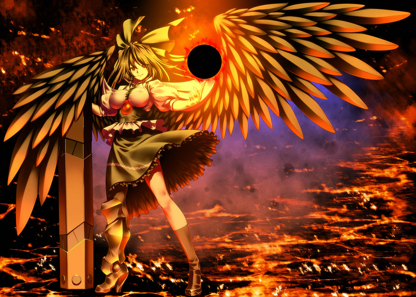 adapted_costume alternate_hair_length alternate_hairstyle arm_cannon black_hair black_legwear black_wings breasts cape energy_ball greaves highres index_finger_raised kneehighs large_breasts long_hair outstretched_arms puffy_sleeves red_eyes reiuji_utsuho shoes skirt smile smoke solo third_eye touhou tro weapon wings