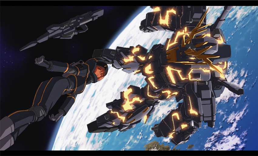 earth glowing gundam gundam_unicorn helmet highres letterboxed marida_cruz mecha orbit pilot_suit saitou_masatsugu space unicorn_gundam_banshee weapon