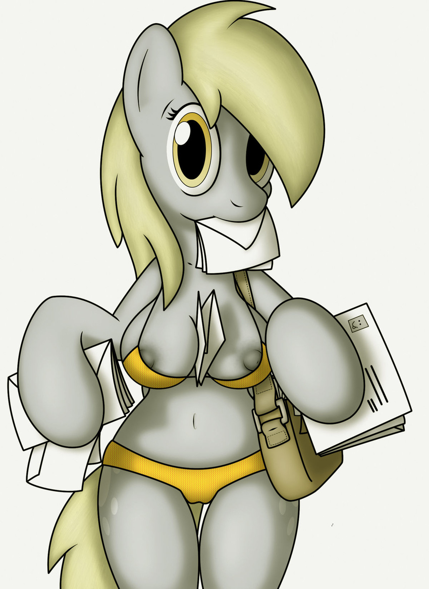 anthro anthrofied breasts camel_toe clothed clothing derpy_hooves_(mlp) equine female friendship_is_magic grey_nipples letter letter_in_mouth looking_at_viewer mail mail_bag mail_between_breast mailbag mammal my_little_pony navel nipple_slip nipples panties pegasus skimpy solo tg-0 underwear unknown_artist wings