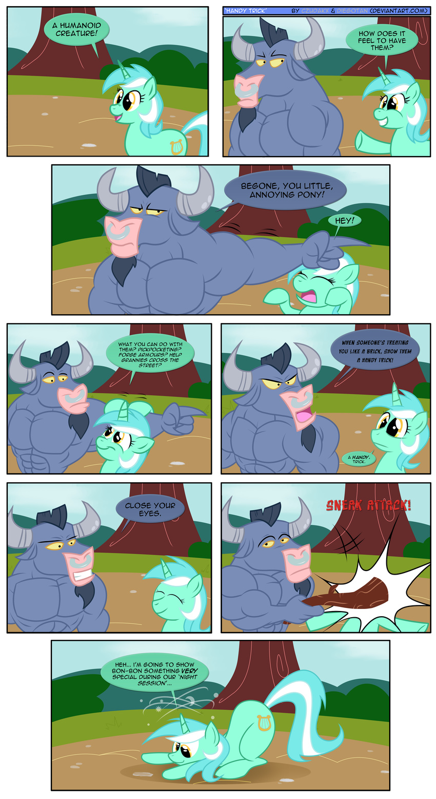 absurd_res alpha_channel comic czudakx dialog dialogue diegotan english_text equine female feral friendship_is_magic hair hi_res horn horse invalid_background iron_will_(mlp) ironwill_(mlp) lyra_heartstrings_(mlp) male mammal minotaur multi-colored_hair my_little_pony plain_background pony simple_background text transparent_background tree unicorn wood