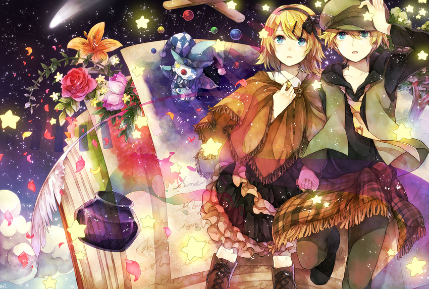 1girl bad_id bad_pixiv_id blonde_hair blue_eyes book boots brother_and_sister cloud comet doll dress flower hairband hana_(mew) hat holding_hands jewelry kagamine_len kagamine_rin necklace necktie ribbon rose shawl siblings star star_(sky) treble_clef twins vocaloid