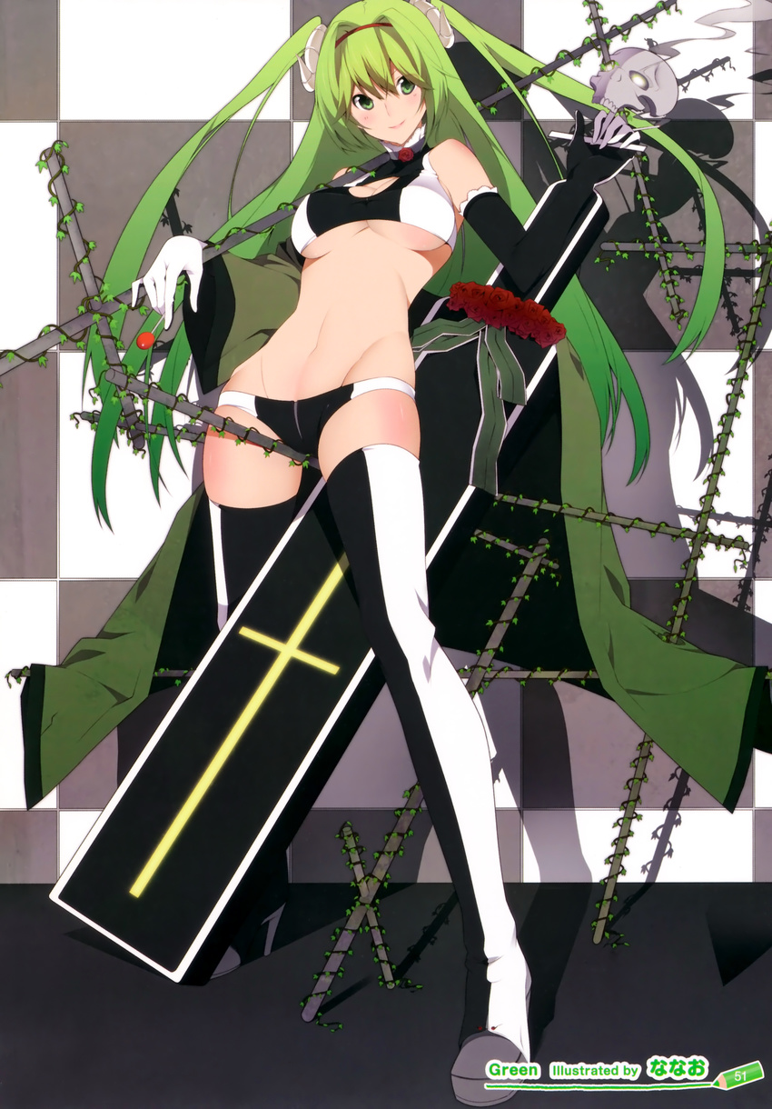 absurdres bare_shoulders boots breasts candy cleavage detached_sleeves flower food green_eyes green_hair groin halter_top halterneck highres horns lollipop long_hair looking_at_viewer nanao_(mahaya) navel original rose scan skull small_breasts smile solo thigh_boots thighhighs underboob