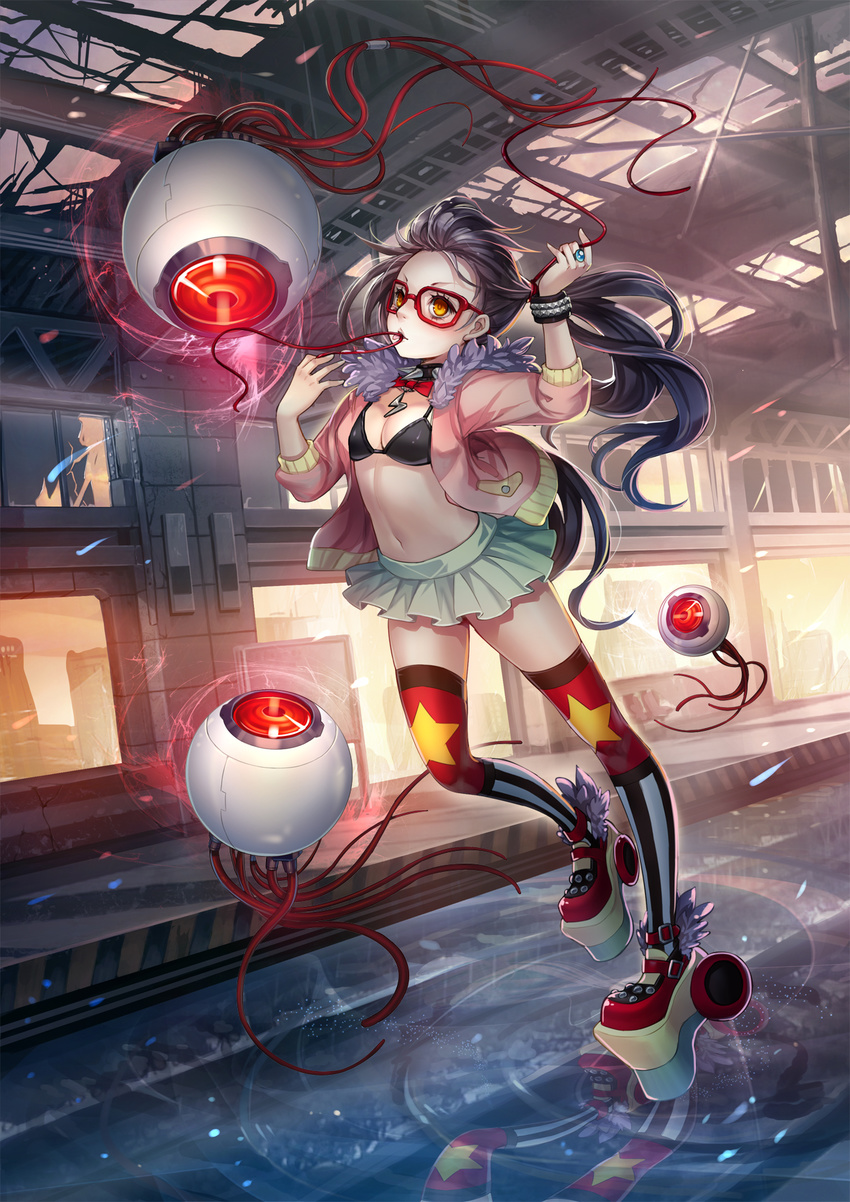 black_hair bra bracelet breasts brown_eyes cable cleavage eyeball glasses highres j.lili jacket jewelry long_hair mouth_hold navel necklace open_clothes open_jacket open_shirt original platform_footwear red-framed_eyewear ring shirt skirt sleeves_pushed_up small_breasts solo thighhighs twintails underwear wheel