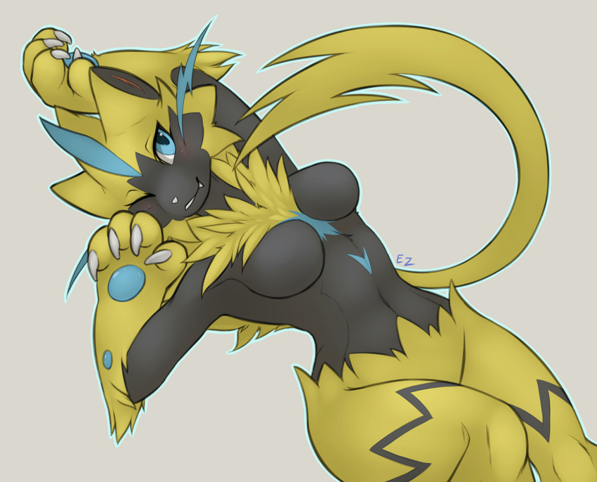 blue_eyes breasts eternity-zinogre feline female legendary_pok&eacute;mon mammal nintendo pok&eacute;mon pok&eacute;mon_(species) simple_background solo video_games white_background zeraora