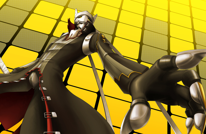 bad_id bad_pixiv_id claws codpiece collar cravat from_below highres izanagi jacket looking_at_viewer looking_down male_focus mask midorino_eni persona persona_4 perspective reaching solo yellow_eyes