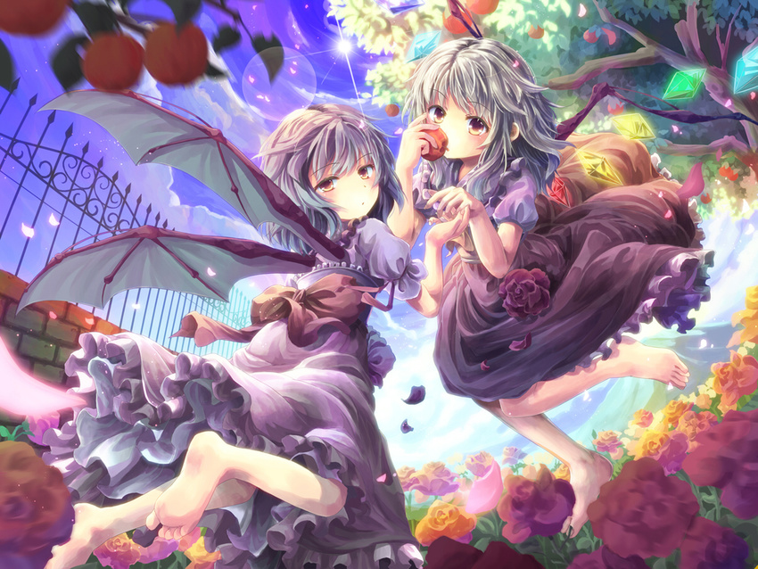 alternate_hair_color apple bare_legs barefoot bat_wings feet fence flandre_scarlet flower food fruit holding looking_at_viewer multiple_girls niichi_(komorebi-palette) no_hat no_headwear petals red_eyes remilia_scarlet short_hair siblings silver_hair sisters smile touhou tree wings