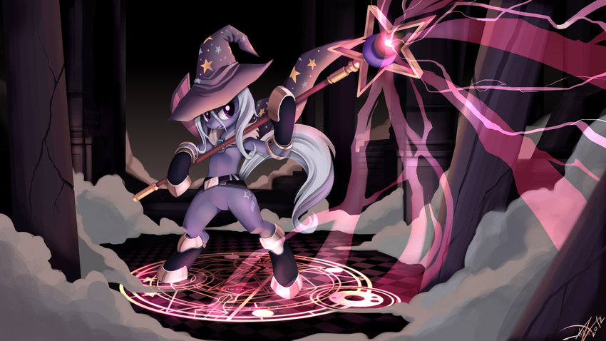 cape cutie_mark detailed_background equine female friendship_is_magic gauntlets hat hi_res horn magic magic_circle magic_user mammal my_little_pony polearm ponykillerx purple_eyes solo spell staff trixie_(mlp) unicorn wallpaper weapon widescreen wizard_hat