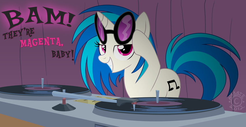 blue_hair cutie_mark english_text equine eyewear female feral friendship_is_magic glasses hair horn horse looking_at_viewer mammal my_little_pony nabbiekitty needle pony purple_eyes record record_player smile solo sunglasses text two_tone_hair unicorn vinyl_scratch_(mlp)