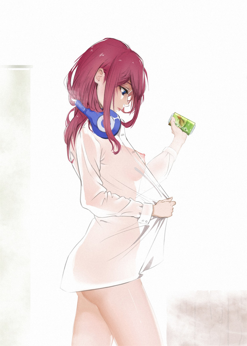 1girl bangs blue_eyes breasts can commentary_request from_side go-toubun_no_hanayome headphones highres holding holding_can long_hair long_sleeves medium_breasts nakano_miku nipples open_clothes open_shirt profile purple_hair see-through shirt standing ta03545 white_shirt