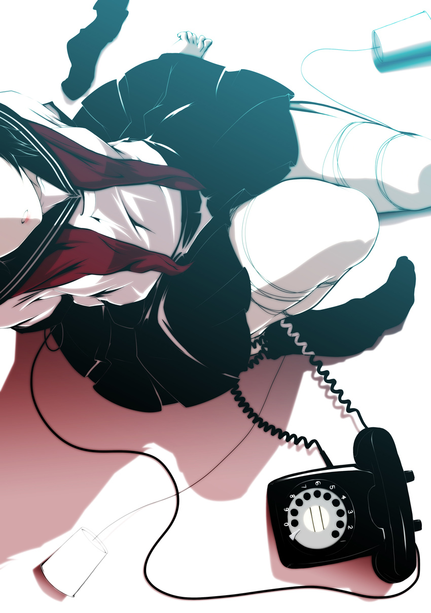 black_hair cable head_out_of_frame highres mubouou_aasaa neckerchief original parted_lips phone rotary_phone school_uniform serafuku sitting solo string_phone