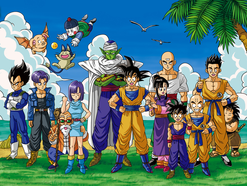 6+boys :d ^_^ armor bald beach beard belt bird black_hair blue_hair boots bulma cape chaozu chi-chi_(dragon_ball) closed_eyes cloud crossed_arms day dougi dragon_ball dragon_ball_(object) dragon_ball_z everyone facial_hair flying gloves grass green_skin grin hand_on_hip hand_on_shoulder jacket kuririn multiple_boys multiple_girls muscle muten_roushi oolong open_mouth outdoors palm_tree piccolo puar sandals seagull shiro_mame shoes smile son_gohan son_gokuu spiked_hair sunglasses sweatdrop sword tail teeth tenshinhan third_eye thumbs_up tree trunks_(dragon_ball) turban v vegeta water waving weapon yajirobe yamcha