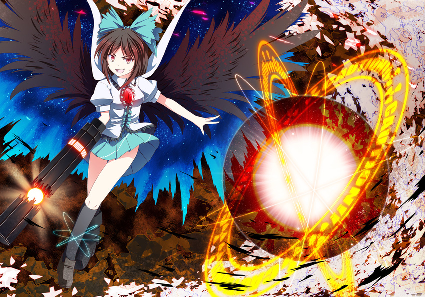 alternate_weapon arm_cannon black_wings bow brown_eyes brown_hair cape concrete energy_ball glowing glowing_weapon hair_bow reiuji_utsuho shirt skirt slit_pupils smile solo space third_eye touhou tri weapon wings