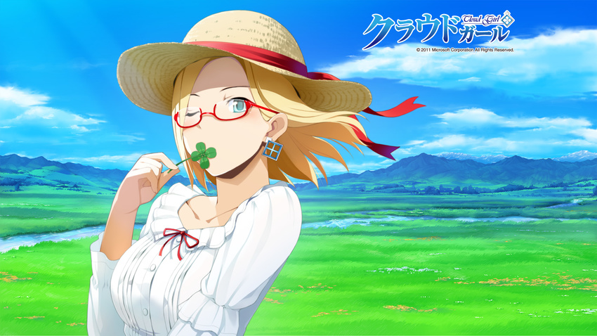 blonde_hair blue_eyes claudia_madobe cloud clover day dress earrings field four-leaf_clover glasses hat highres jewelry official_art one_eye_closed red-framed_eyewear scenery semi-rimless_eyewear sky solo straw_hat under-rim_eyewear wakaba wallpaper windows