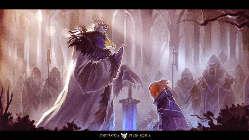 armor bird cape cloak crown day forest from_side fur_trim furry glint halberd hand_on_hilt helmet highres knight letterboxed light_rays nature one_knee pixiv_fantasia pixiv_fantasia_sword_regalia planted_sword planted_weapon polearm short_hair sunlight sword tree weapon yuushoku
