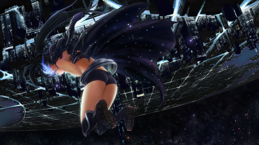 ass belt black_hair black_rock_shooter black_rock_shooter_(character) boots cityscape closed_eyes coat highres long_hair night outdoors short_shorts shorts sky solo star_(sky) starry_sky torn_clothes twintails upside-down yuuhi_(at-speakeasy)